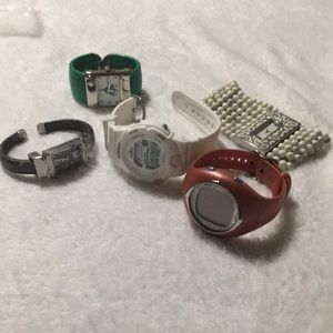 Woman’s fashion watches lot of five. White beaded bracelet,sports, pink Polar